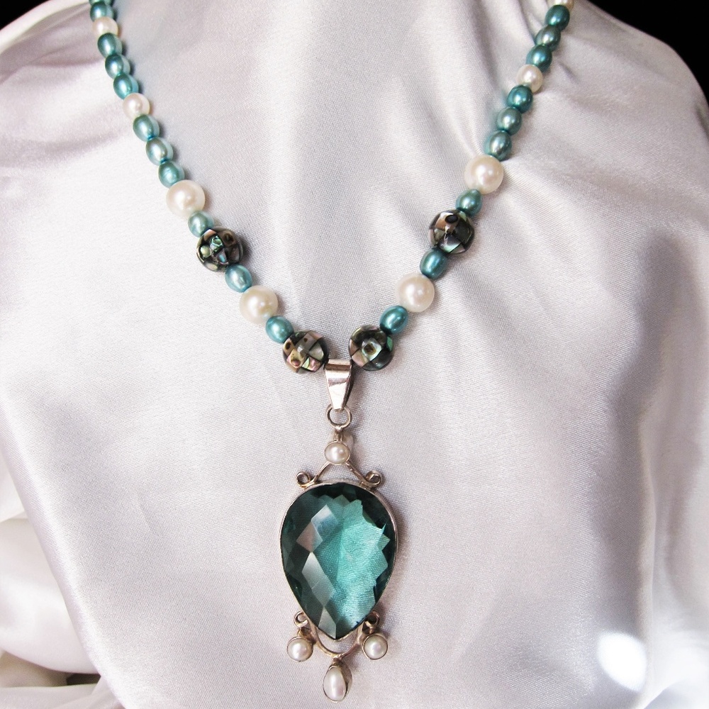 925 SS Freshwater Pearl & Aqua Quartz Necklace
